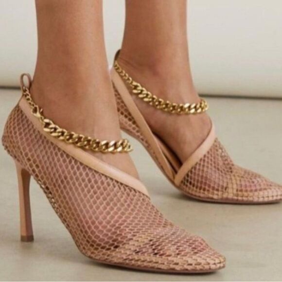 Bottega Veneta Shoes - Authentic BOTTEGA VENETA Tan Sand Tex Mesh Gold Trim Runway Sandals Size…